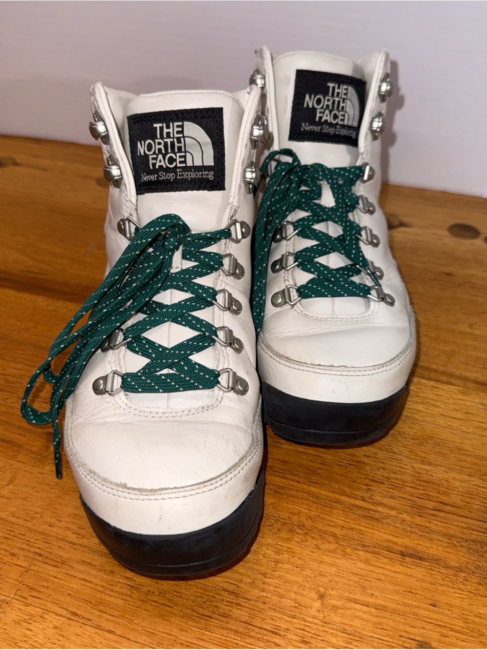 The North Face White Leather Boots with Green Laces